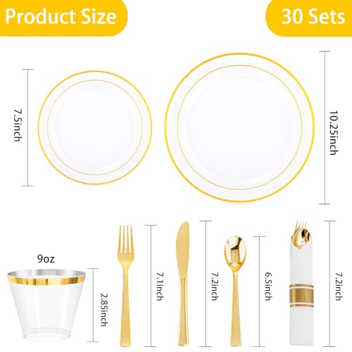 350PCS Clear Gold Plastic Dinnerware Set for 50 Guests, Disposable Plates, Cups & Silverware N692