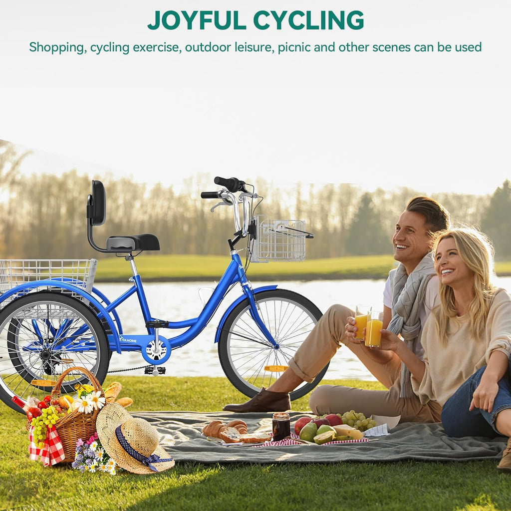Adult Tricycle 26 Inch 3 Wheel 7 Speed Bike with Removable Baskets, Blue J9778
