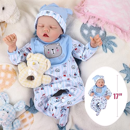 Lifelike Reborn Baby Doll Girl, 17 Inch Soft Body Realistic Newborn Vinyl Silicone Doll with Feeding Kit H33373