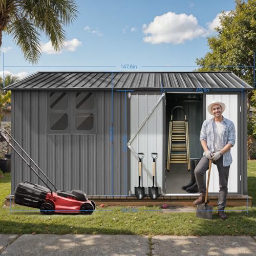 10 x 8 ft Outdoor Storage Shed, Metal Building with Windows and Lockable Doors, Grey Q206