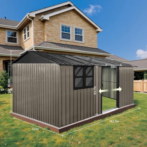 10 x 8 ft Outdoor Storage Shed, Metal Building with Windows and Lockable Doors, Grey Q206