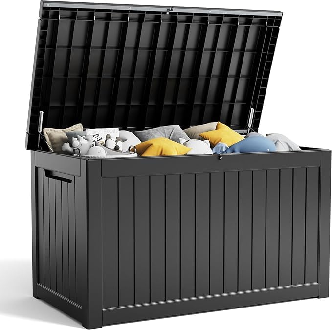 100 Gallon Resin Deck Box, Lockable Patio Outdoor Storage, Waterproof - Black F75230