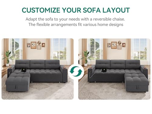 L-Shaped Sofa Bed with Chaise, USB Port and Storage, Dark Gray C750