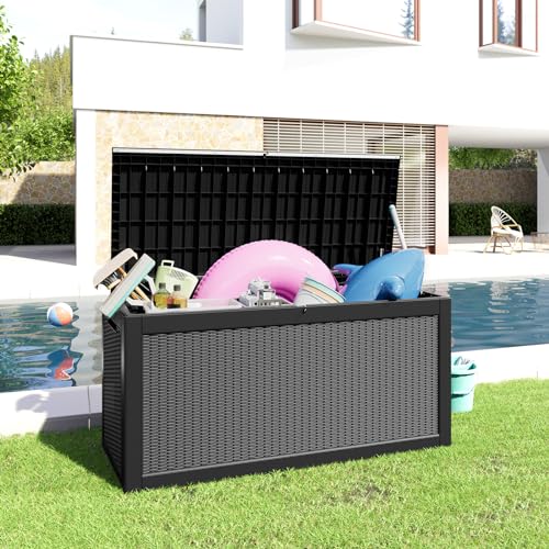 100 Gallon Resin Deck Box, Lockable Patio Outdoor Storage, Waterproof - Black F75230