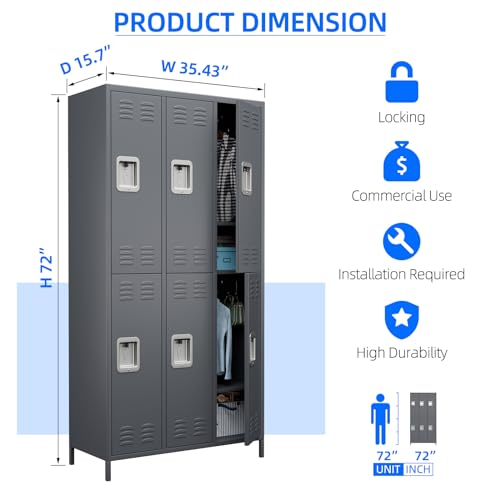 6 Door Metal Storage Locker with 18 Hooks, Black & Dark Grey K6611
