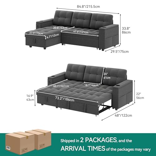L-Shaped Sofa Bed with Chaise, USB Port and Storage, Dark Gray C750