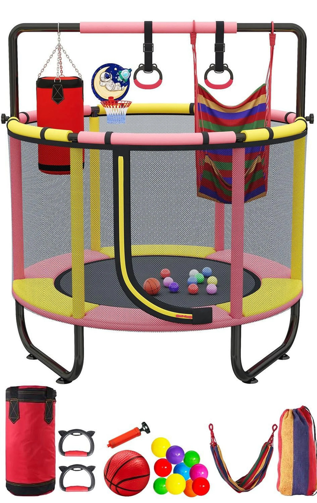 Mini Trampoline for Toddlers with Enclosure and Basketball Hoop F952