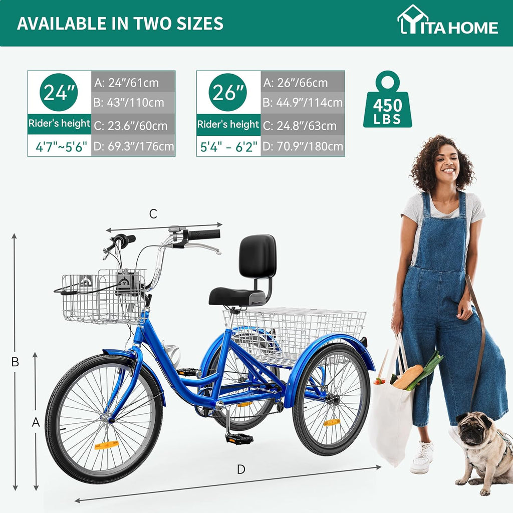 Adult Tricycle 26 Inch 3 Wheel 7 Speed Bike with Removable Baskets, Blue J9778