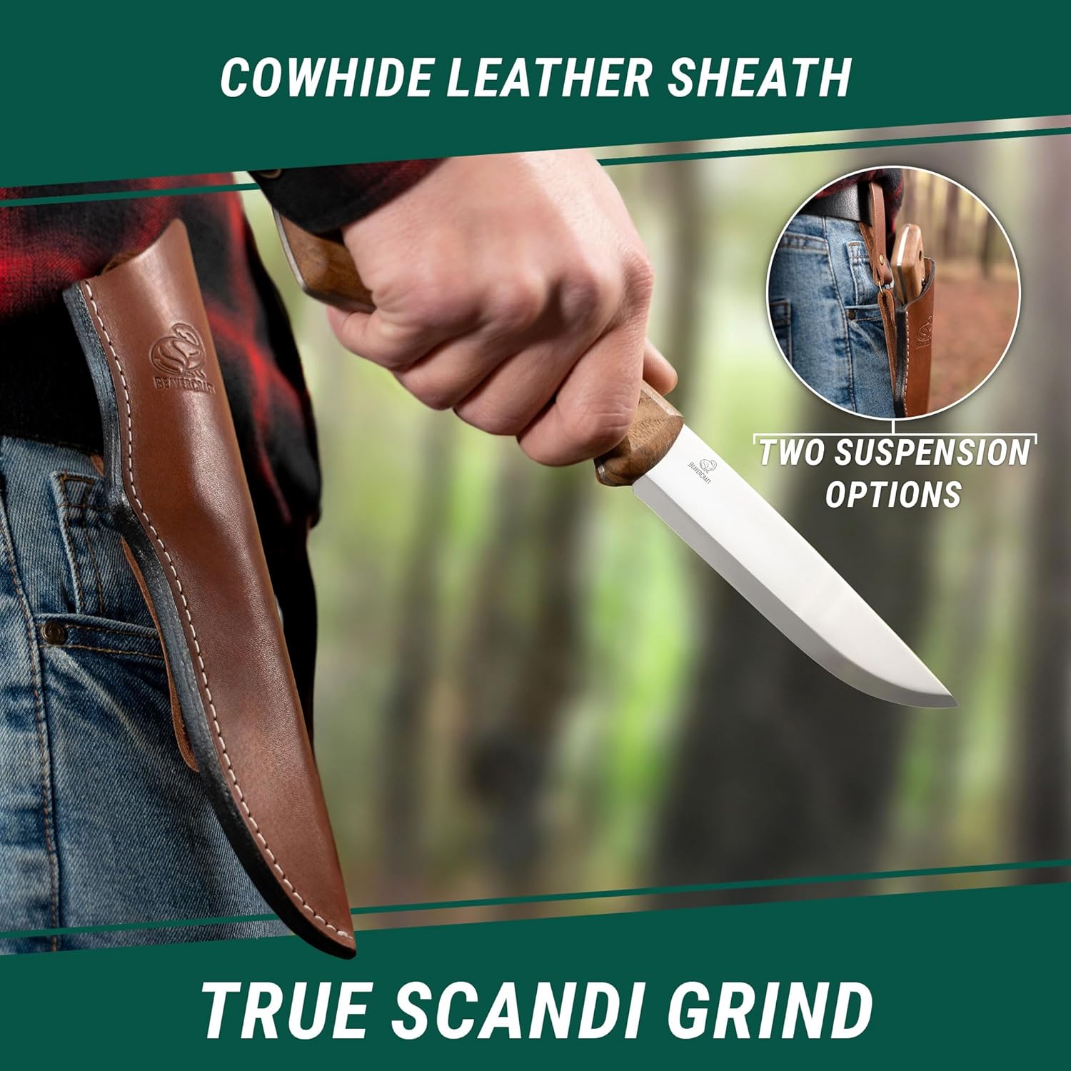 Bushcraft Knife Fixed Blade with Leather Sheath, Full Tang Carbon Steel Camping Knife E843419