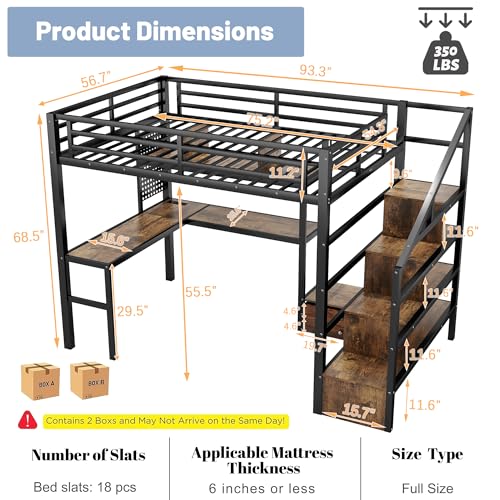 Queen Loft Bed with L-Shaped Desk and Stairs, Metal Frame, Black F92113