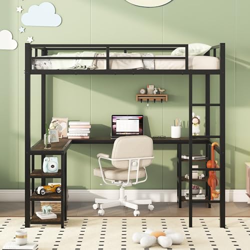Full Size Loft Bed with Wardrobe and L-Shaped Desk, Metal with Storage Cubes, White Q15057