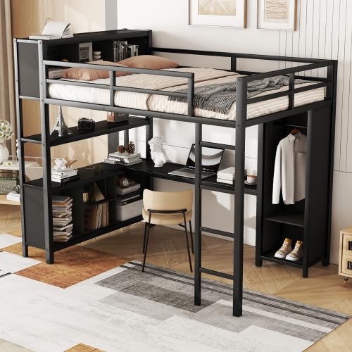 Full Size Loft Bed with Wardrobe and L-Shaped Desk, Metal with Storage Cubes, White Q15057