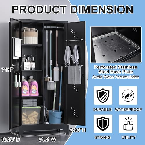 Metal Storage Cabinet with Lock and Hanging Rods for Brooms and Mops T350776