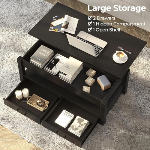 Lift Top Coffee Table with Drawers and Hidden Compartment, Wooden Retro Design for Living Room N4328