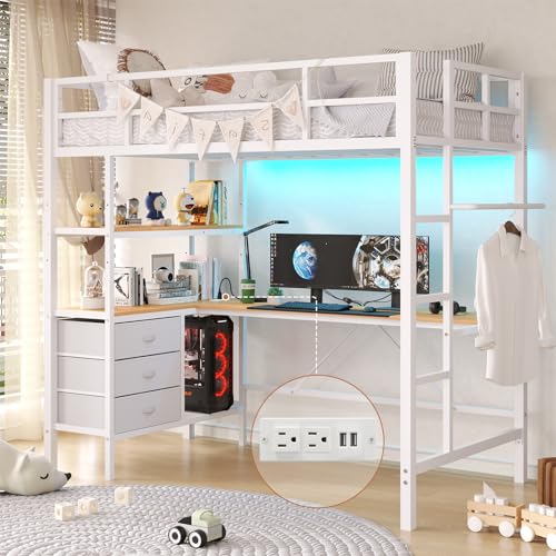 Loft Bed Full Size with L-Shaped Desk and Charging Station G796