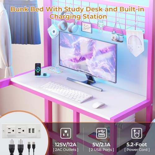 Twin Over Twin Bunk Bed with Desk, Charging Station and LED Lights F705929