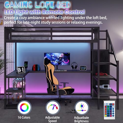 Queen Loft Bed with L-Shaped Desk and Stairs, Metal Frame, Black F92113
