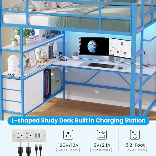 Loft Bed Full Size with L-Shaped Desk and Charging Station G796