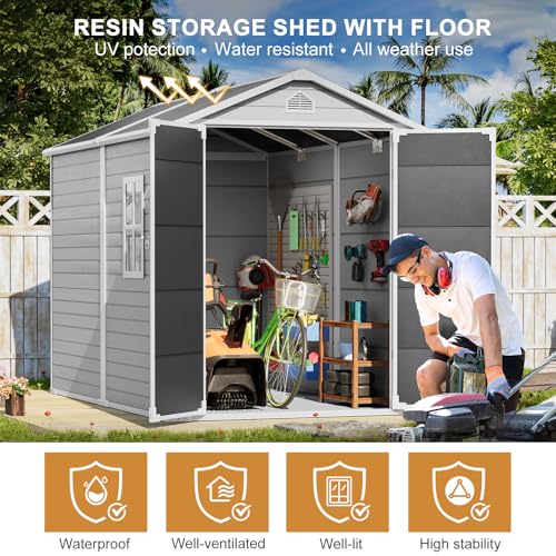 Outdoor Resin Storage Shed with Floor 8x6x7 FT Waterproof, Gray U422