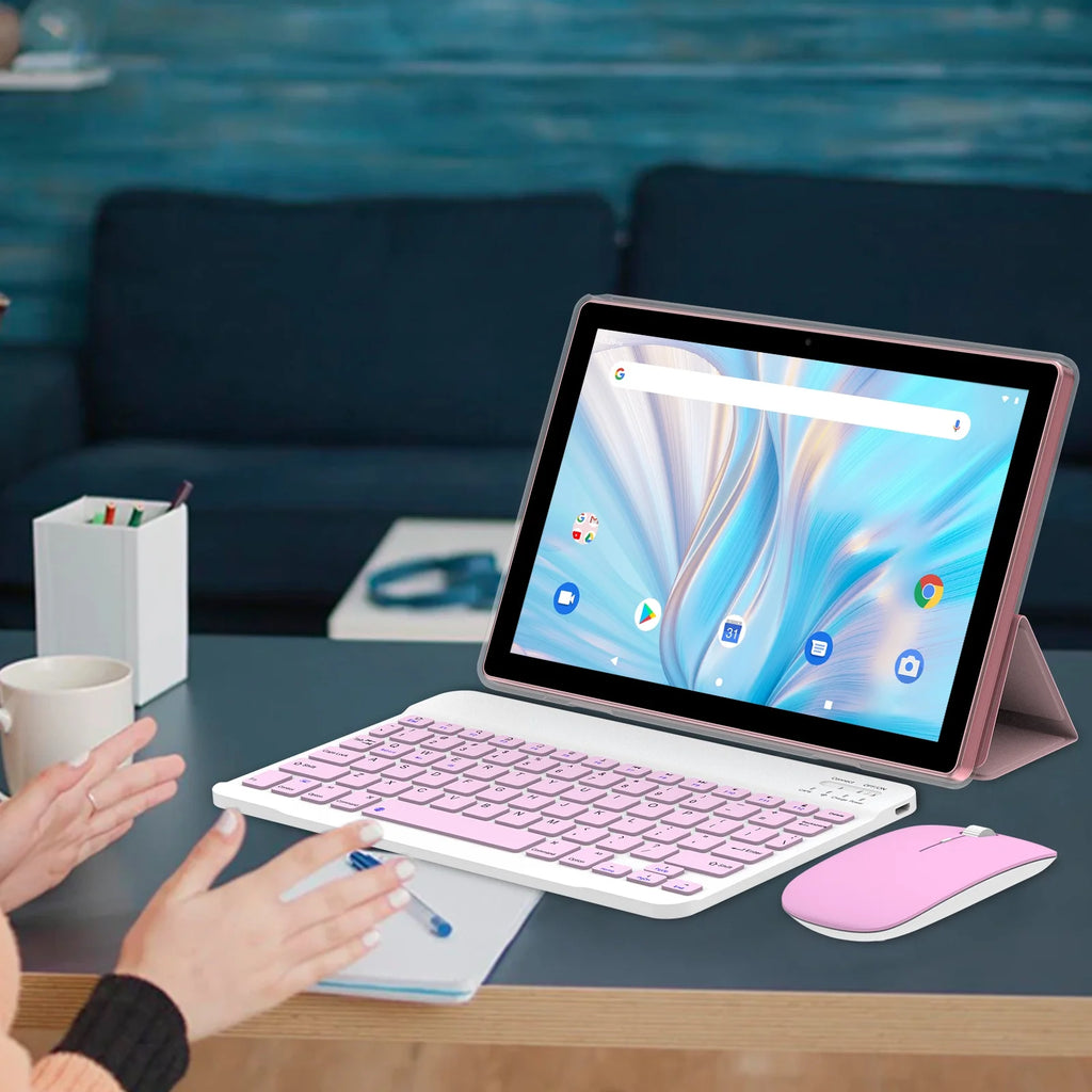 Tablet with Keyboard Case Mouse Stylus Pen, 10.1 Inch, 4GB RAM 64GB, Pink H9529