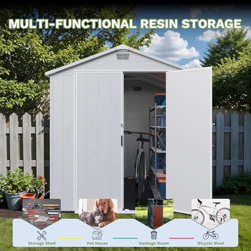 6×8FT Plastic Outdoor Storage Shed with Floor, Lockable Double Door J5369