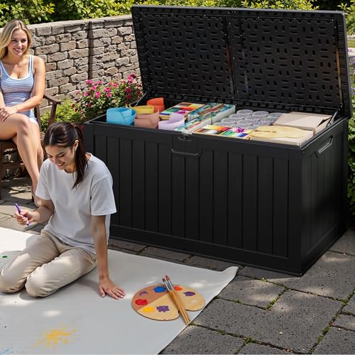 31 Gallon Resin Deck Box Waterproof Indoor Outdoor Storage for Patio Cushions and Garden Tools L90121