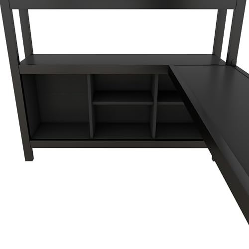 Full Loft Bed with Desk, Storage Shelves, and Wardrobe, Heavy-Duty Frame, Black K6320