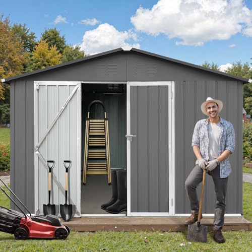 10 x 8 ft Outdoor Storage Shed, Metal Building with Windows and Lockable Doors, Grey Q206