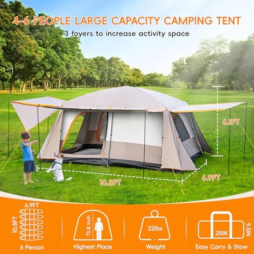 Family Camping Tent for 4-6 Person, Double Layer, Multi-Room with 3 Doors B2789