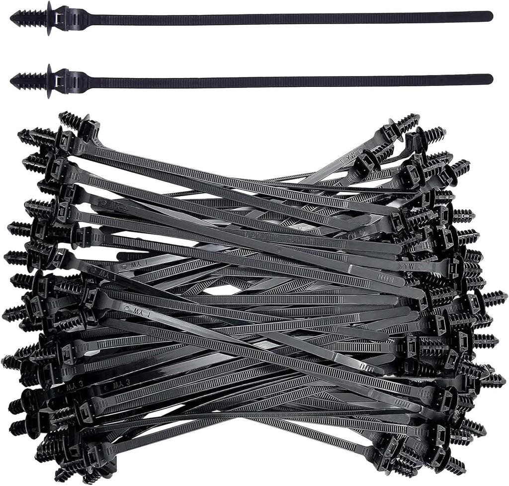100 PCS Car Buckle Cable Tie, Adjustable Zip Cable Ties, Nylon Push Mount Self Locking Assortment, Auto Parts Combination, Universal for Cars Boat Trailer (Black)