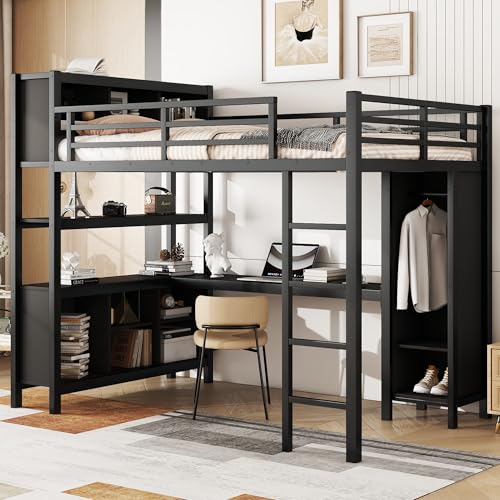 Full Loft Bed with Desk, Storage Shelves, and Wardrobe, Heavy-Duty Frame, Black K6320