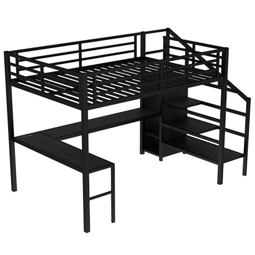 Queen Size Loft Bed with LED Lights, USB Ports and L Shaped Desk T2498