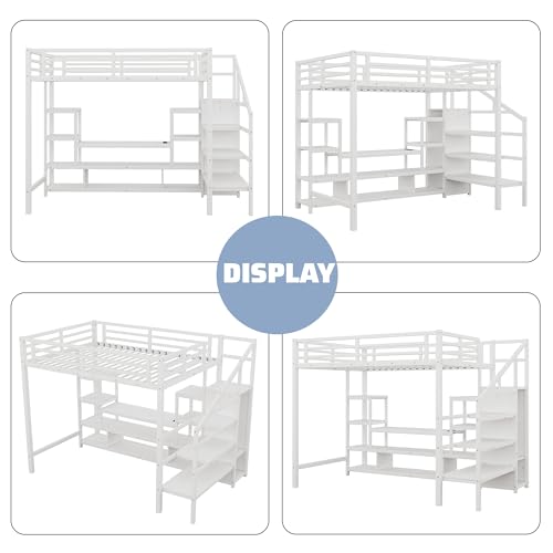 Queen Loft Bed with L-Shaped Desk and Stairs, Metal Frame, Black F92113