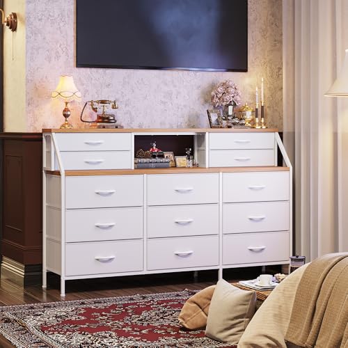 55" Dresser with 13 Fabric Drawers and 2 Open Shelves, Rustic Brown K688