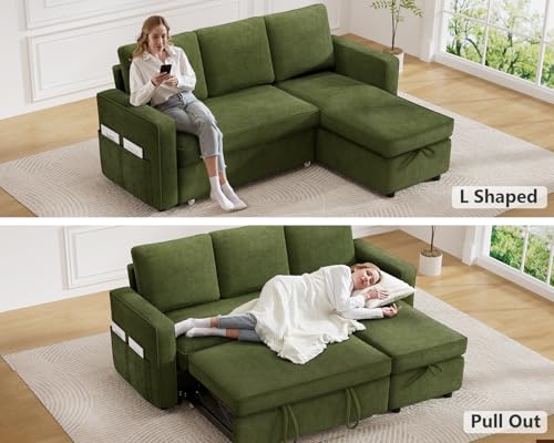81" Sleeper Sofa Bed with Pull Out Bed, L Shaped Sectional, Chenille Green C110