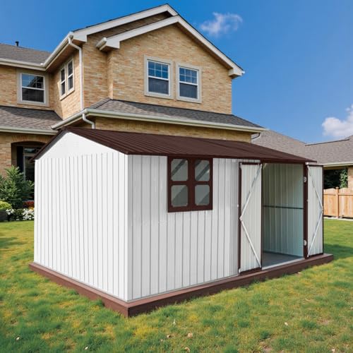 10 x 8 ft Outdoor Storage Shed, Metal Building with Windows and Lockable Doors, Grey Q206