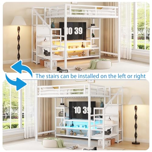 Queen Loft Bed with L-Shaped Desk and Stairs, Metal Frame, Black F92113