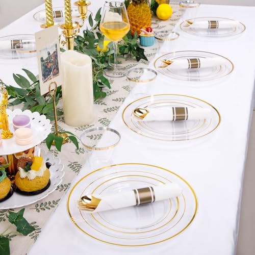350PCS Clear Gold Plastic Dinnerware Set for 50 Guests, Disposable Plates, Cups & Silverware N692