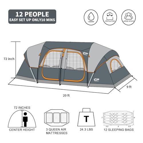 12-Person Camping Tent, 3 Room Family Tent, Waterproof Windproof with Carry Bag Q601154