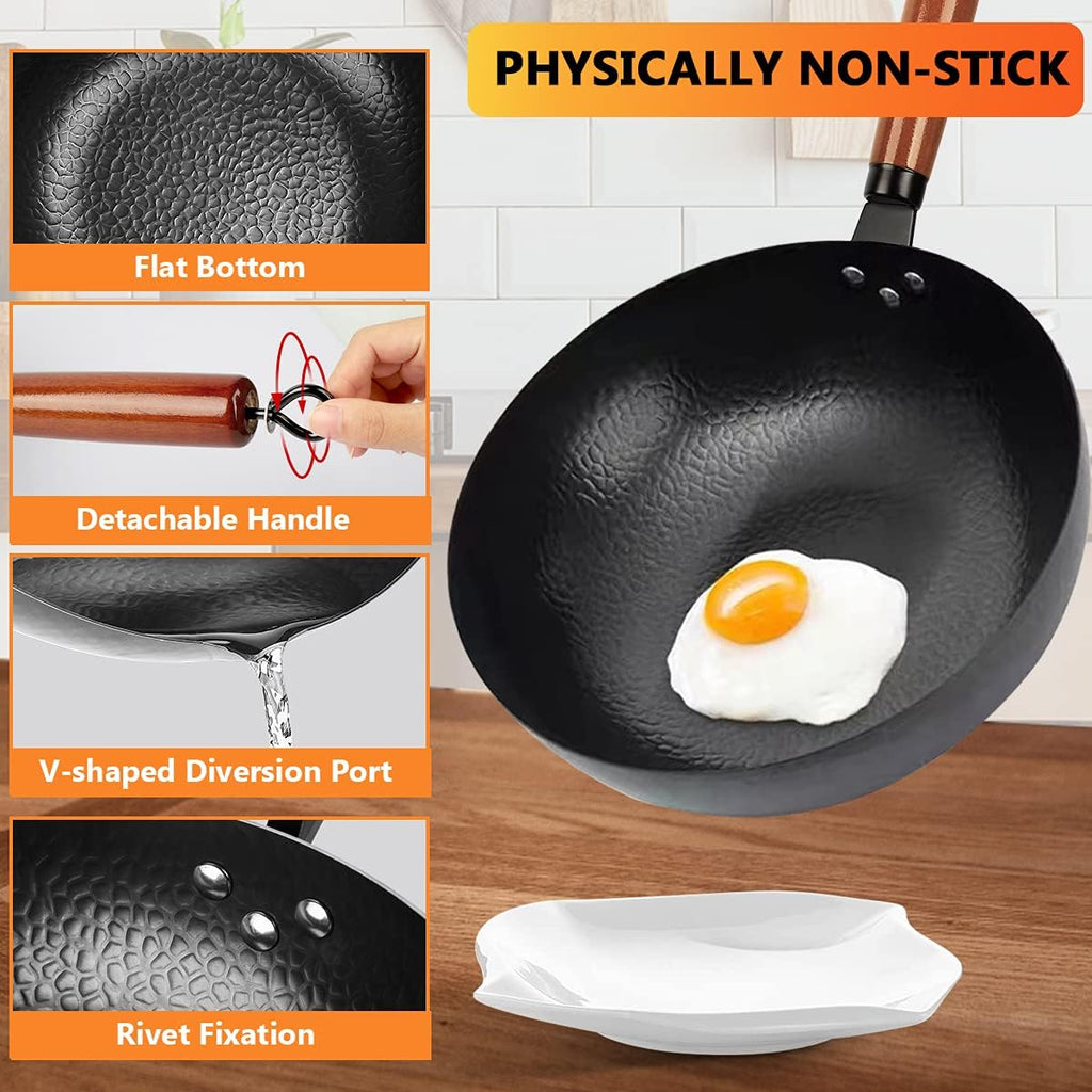 Carbon Steel Wok Pan Set with Wooden Lid, Flat Bottom, 14 Piece R623