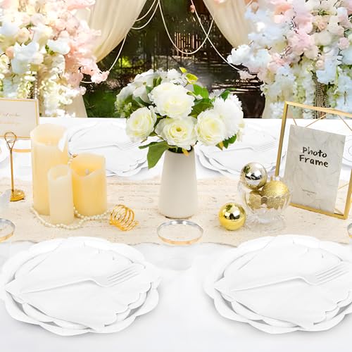 Ivory Paper Plates and Napkins Set for 50 Guests, Disposable Tableware with Utensils M509