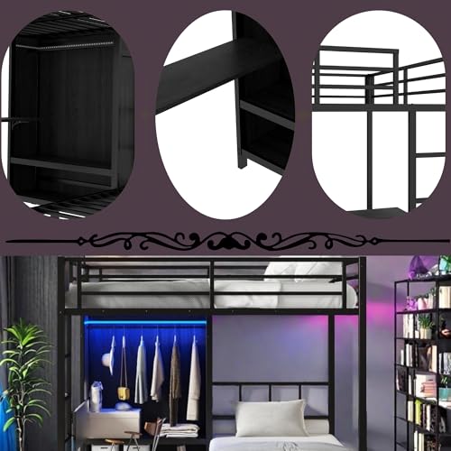 Metal Bunk Bed with Wardrobe Full XL Over Twin L-Shaped with Desk and Shelves R307