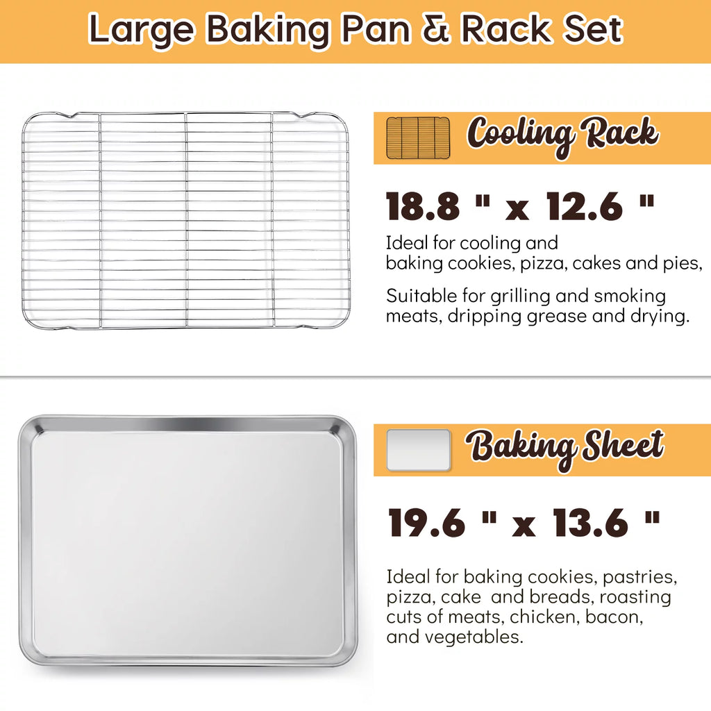 Extra Large Baking Sheet and Rack Set of 4, Stainless Steel Cookie Half Sheet Pan Rectangle B5431