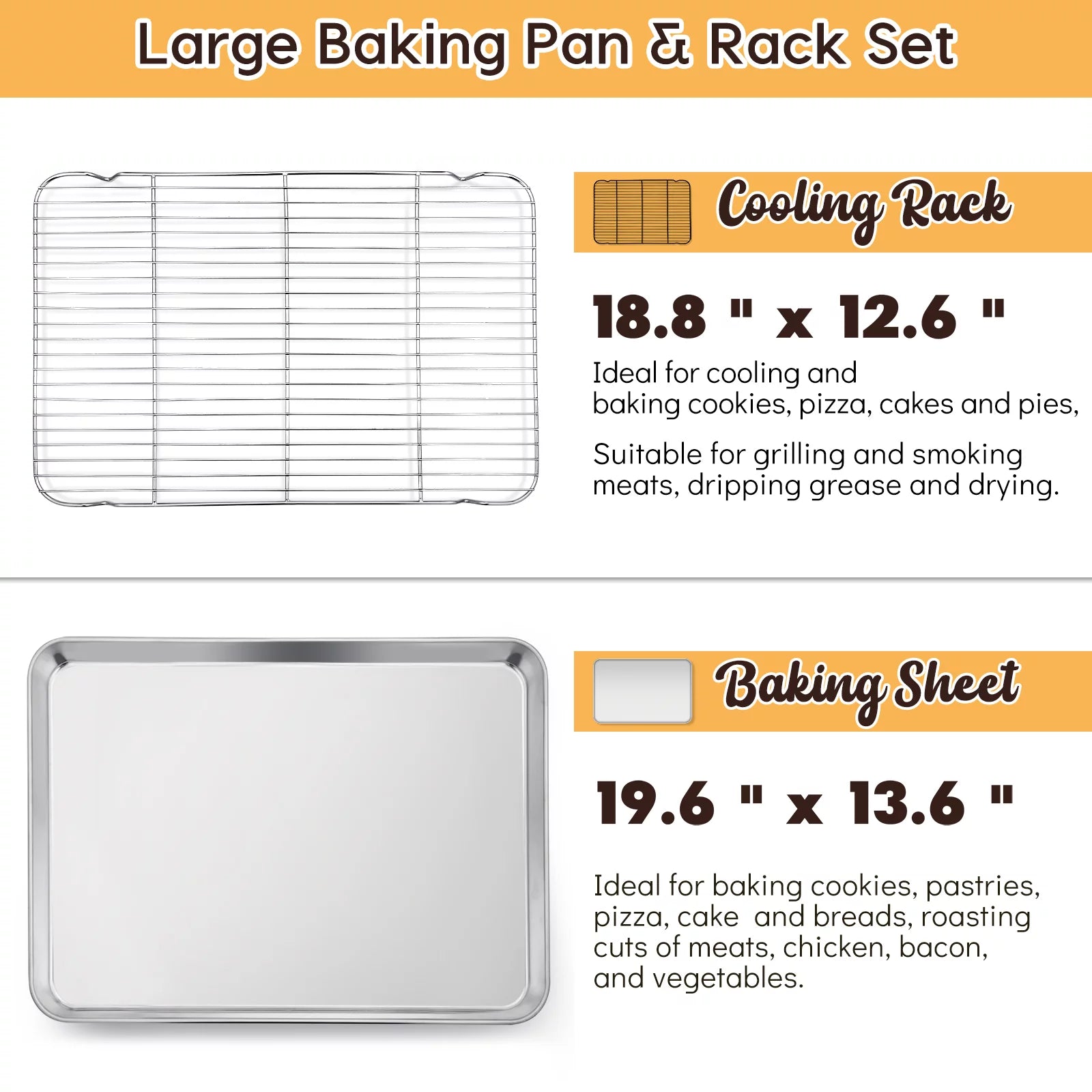 Extra Large Baking Sheet and Rack Set of 4, Stainless Steel Cookie Half Sheet Pan Rectangle B5431