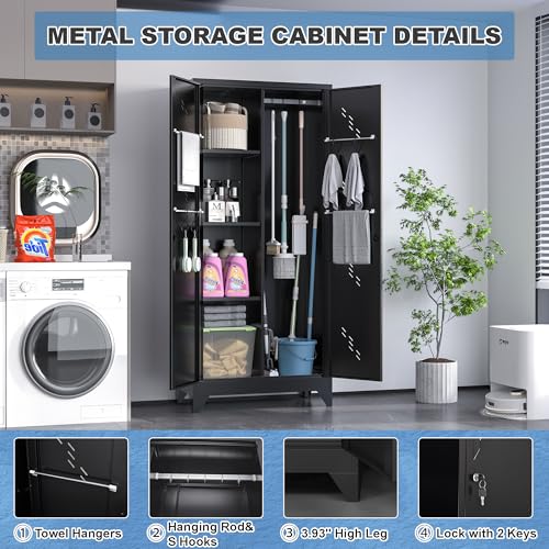 Metal Storage Cabinet with Lock and Hanging Rods for Brooms and Mops T350776