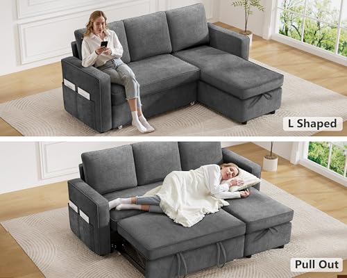 81" Sleeper Sofa Bed with Pull Out Bed, L Shaped Sectional, Chenille Green C110