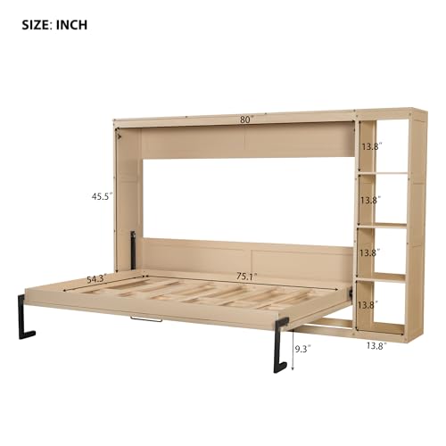 Full Size Horizontal Murphy Bed with Shelves, Foldable into Cabinet W154373