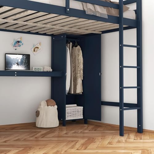 Full Size Loft Bed with Wardrobe and L-Shaped Desk, Metal with Storage Cubes, White Q15057