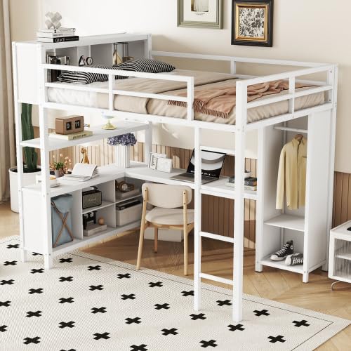 Full Size Loft Bed with Wardrobe and L-Shaped Desk, Metal with Storage Cubes, White Q15057