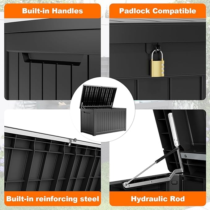 100 Gallon Resin Deck Box, Lockable Patio Outdoor Storage, Waterproof - Black F75230